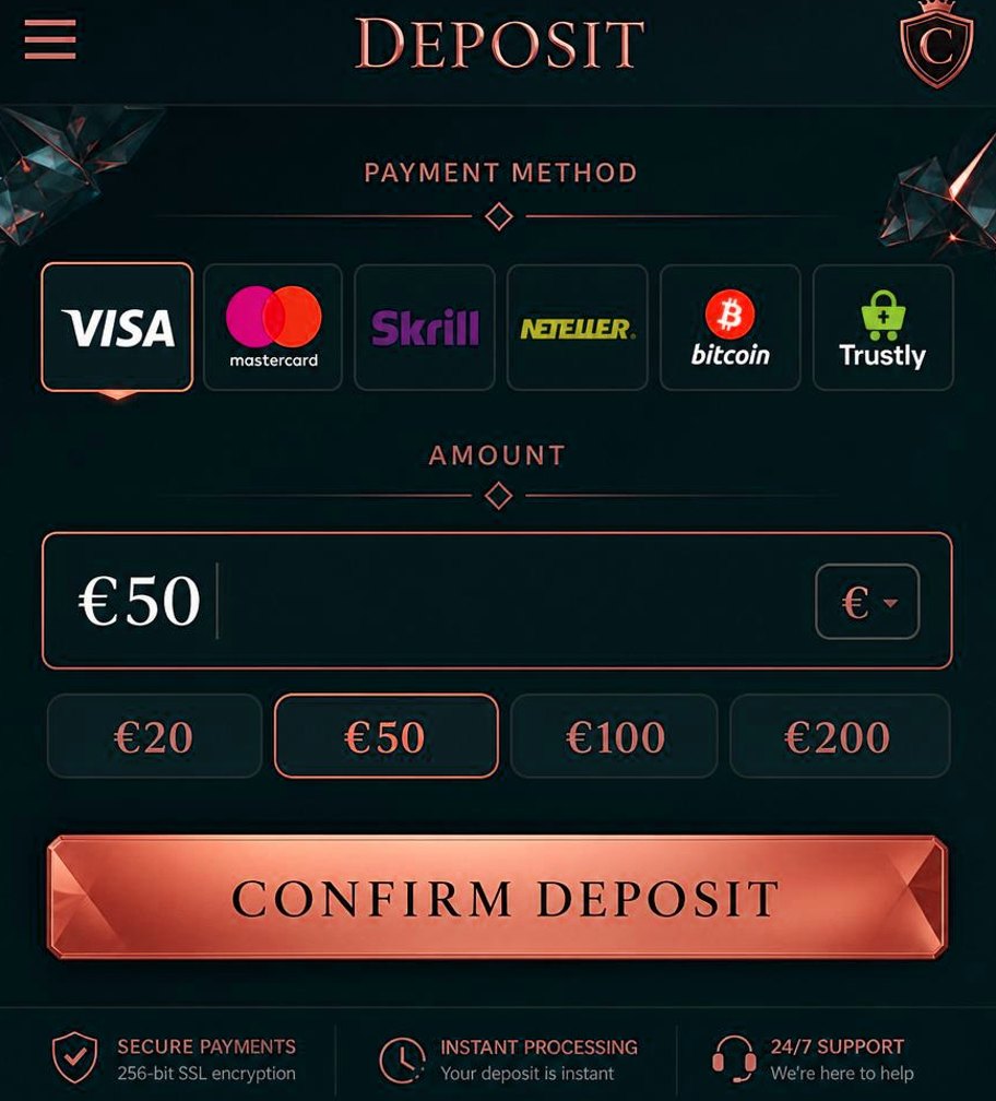 Crystal Roll deposit screen with Visa, Skrill and Bitcoin methods and a €50 amount