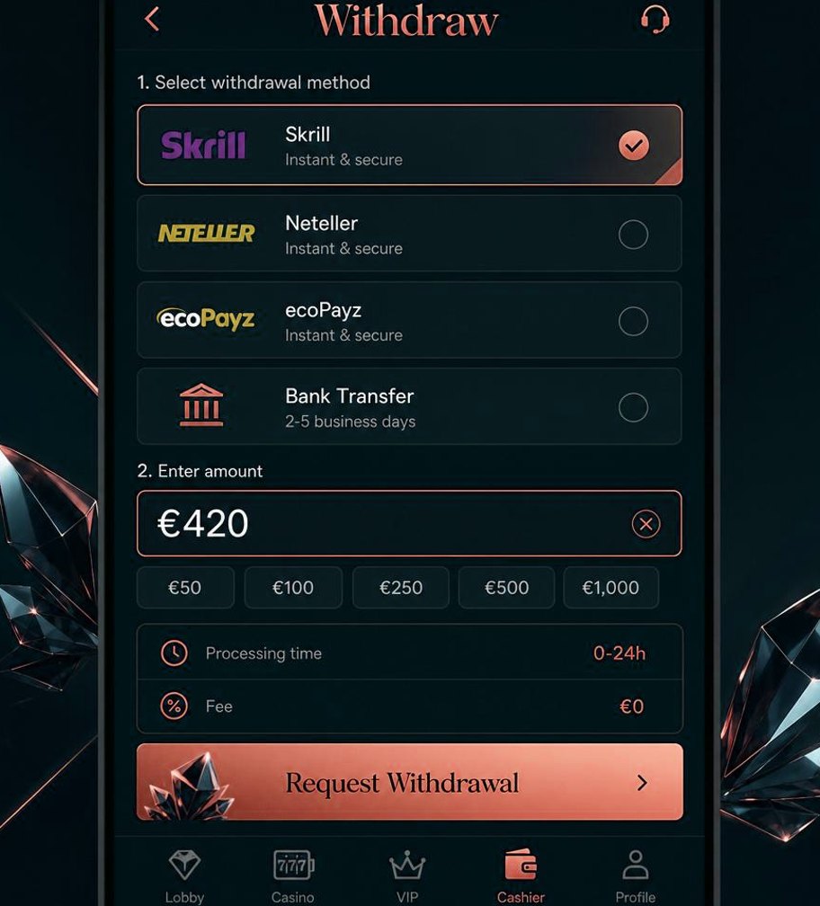 Crystal Roll withdrawal screen with Skrill selected, EUR 420 amount and a zero fee