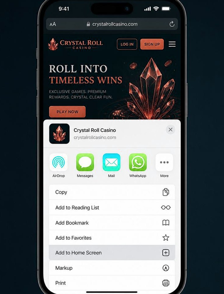 Safari Share sheet on iPhone showing the Add to Home Screen option for Crystal Roll PWA installation