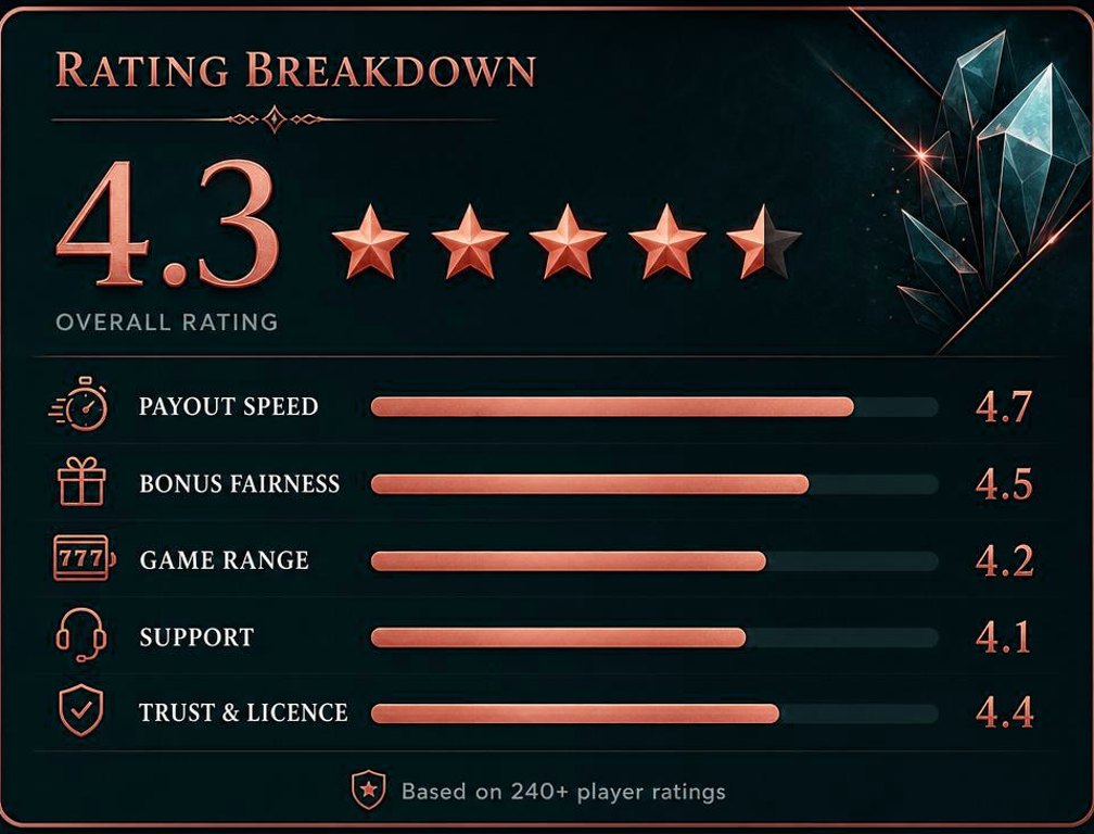 Crystal Roll rating breakdown showing 4.3 overall with payout, bonus, support and trust scores
