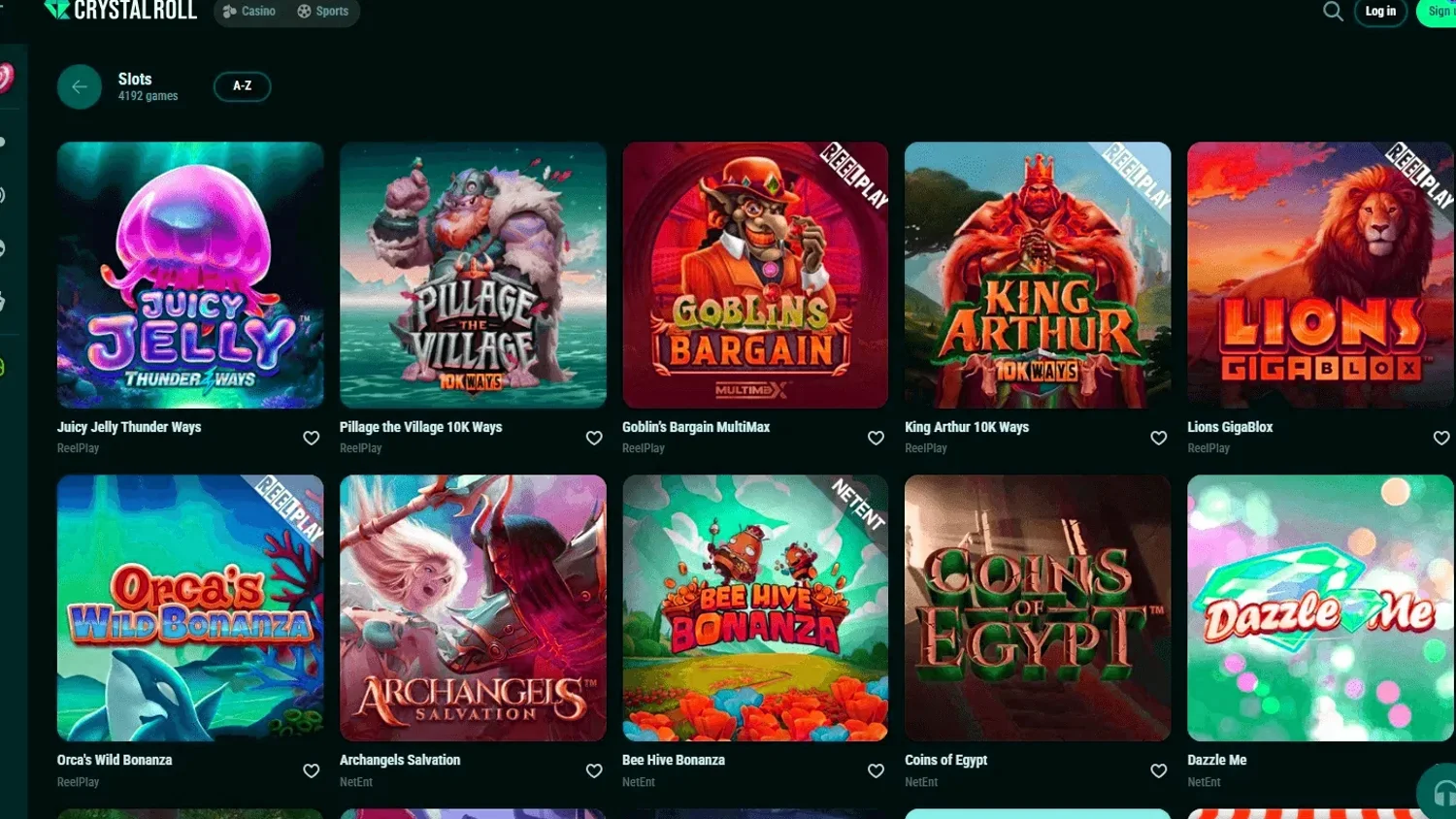 Crystal Roll game gallery showing provider grid and slot category filters