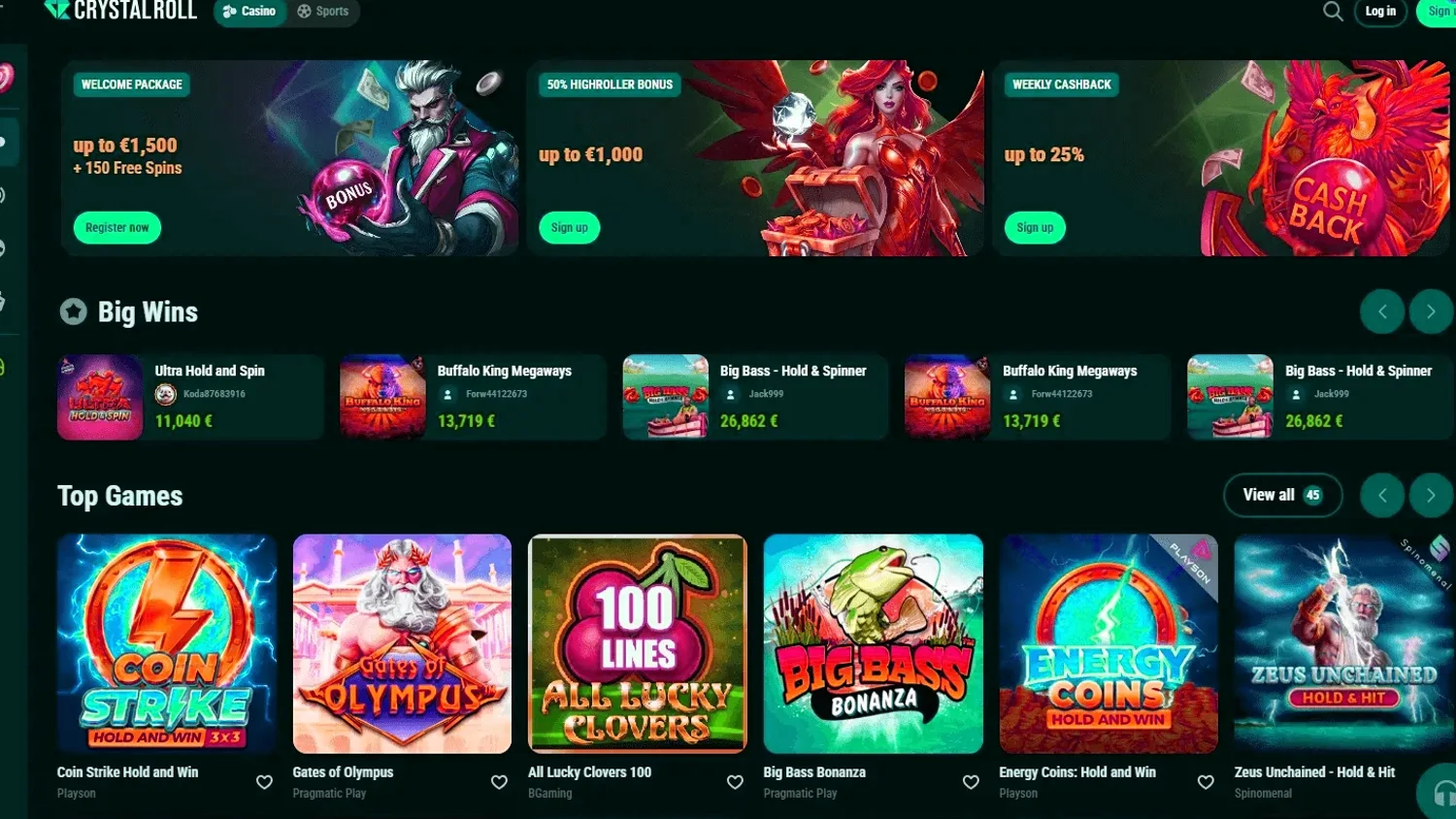 Crystal Roll homepage desktop screenshot with casino and casino lobby