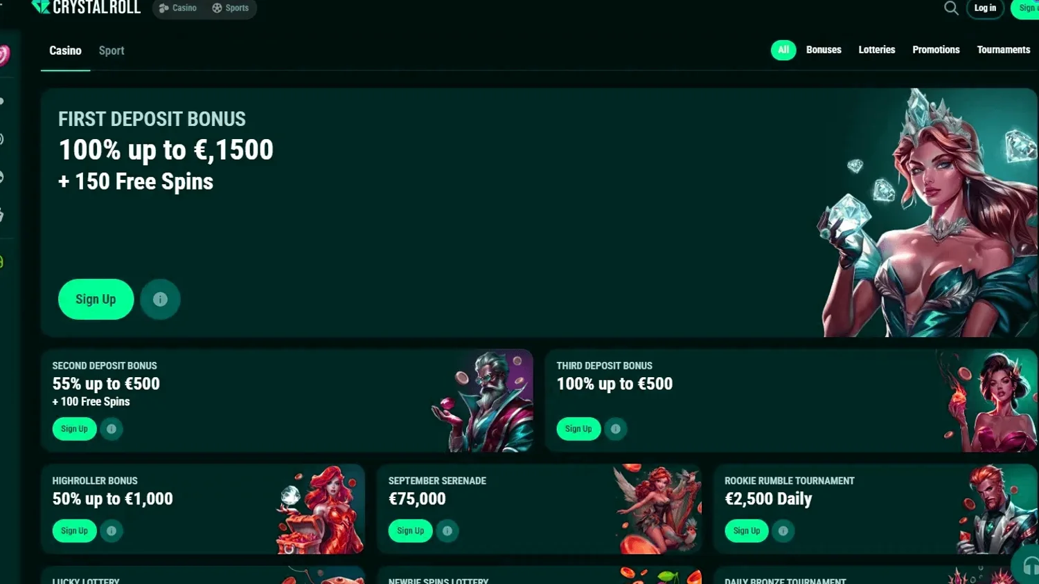 Crystal Roll promotions page showing active bonus and cashback deals